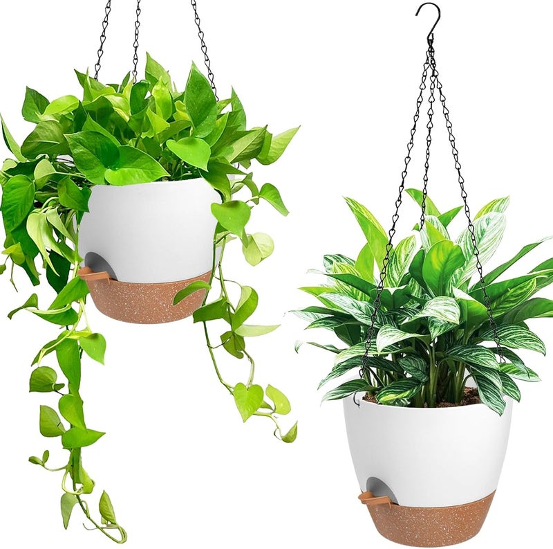Vanslogreen Hanging Planters for Indoor Outdoor Plants, 2 Pack Self Watering Hanging Pot with Drainage Holes & Removable Tray (White, 6'') - Image 1